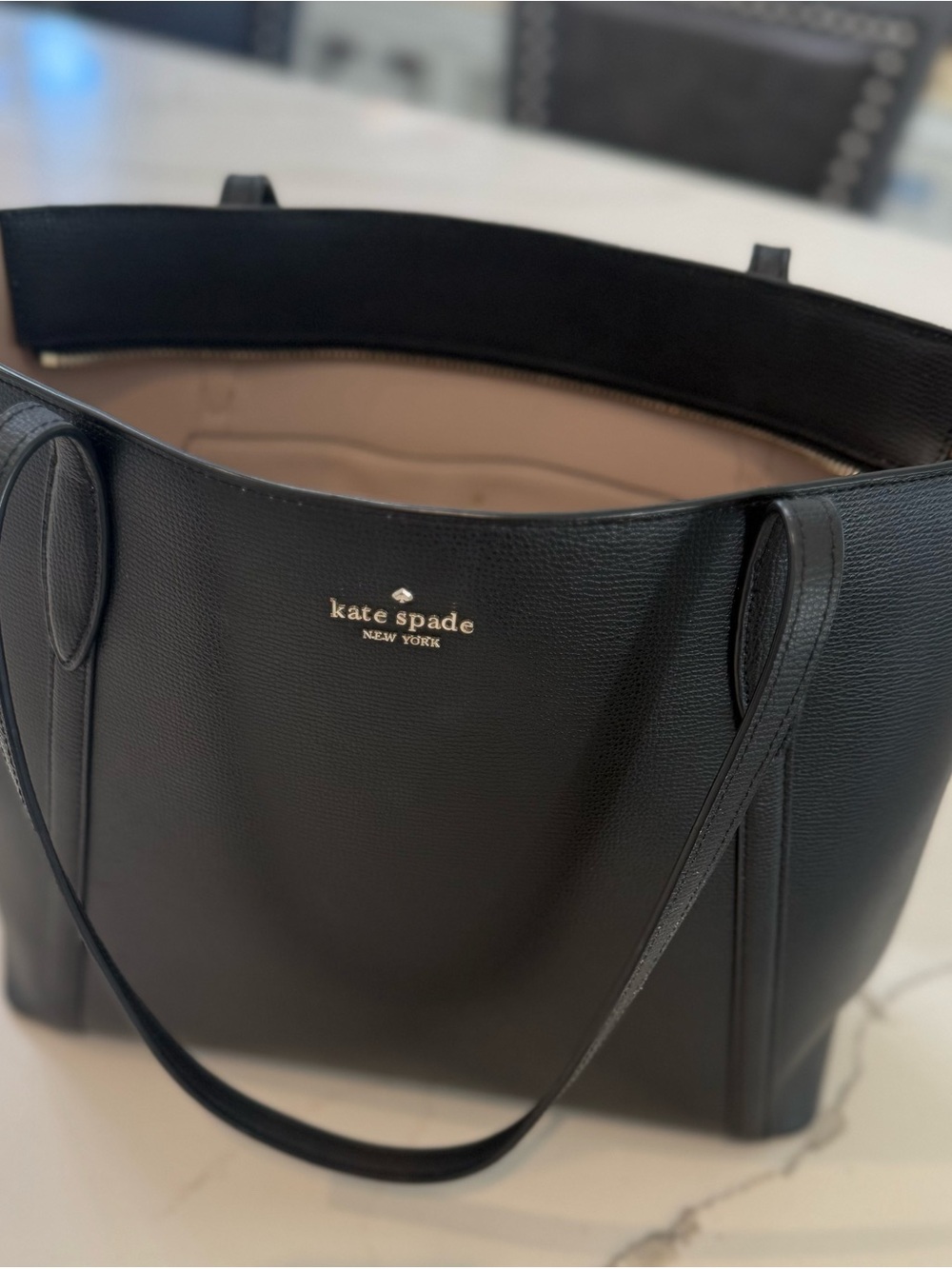 kate spade Black Pebbled Leather Tote with Neutral Interior